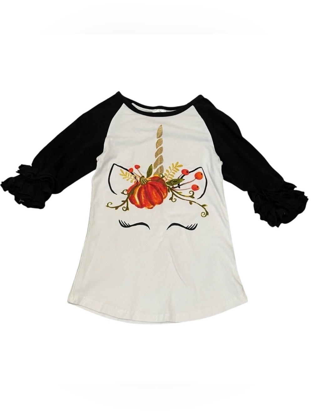 Girls Unicorn‎ Pumpkin Raglan Shirt with Black Ruffle Sleeve Size XL
